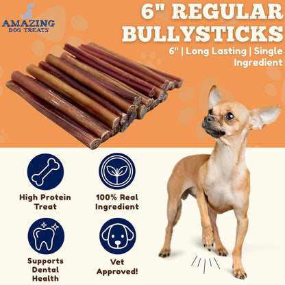 - 6 Inch Medium Size Bully Sticks (25 Count) - Bulk Bully Sticks for Dogs - No Hide Bully Stick Dog Bones
