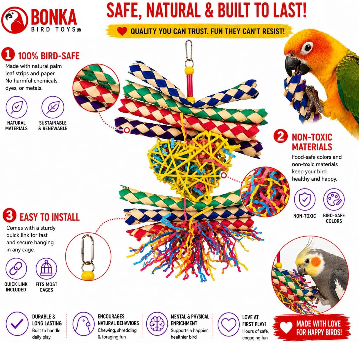 1730 Foraging Valentine Heart Bird Toy for Medium Birds Shredding and Chewing Cage Toy Colorful Palm Leaf and Paper Foraging Toy 9" X 6"
