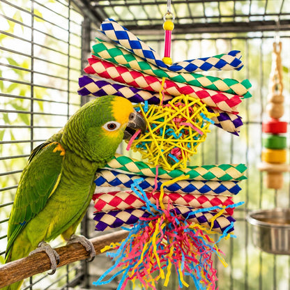 1730 Foraging Valentine Heart Bird Toy for Medium Birds Shredding and Chewing Cage Toy Colorful Palm Leaf and Paper Foraging Toy 9" X 6"