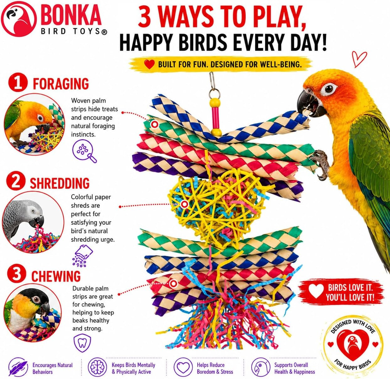 1730 Foraging Valentine Heart Bird Toy for Medium Birds Shredding and Chewing Cage Toy Colorful Palm Leaf and Paper Foraging Toy 9" X 6"