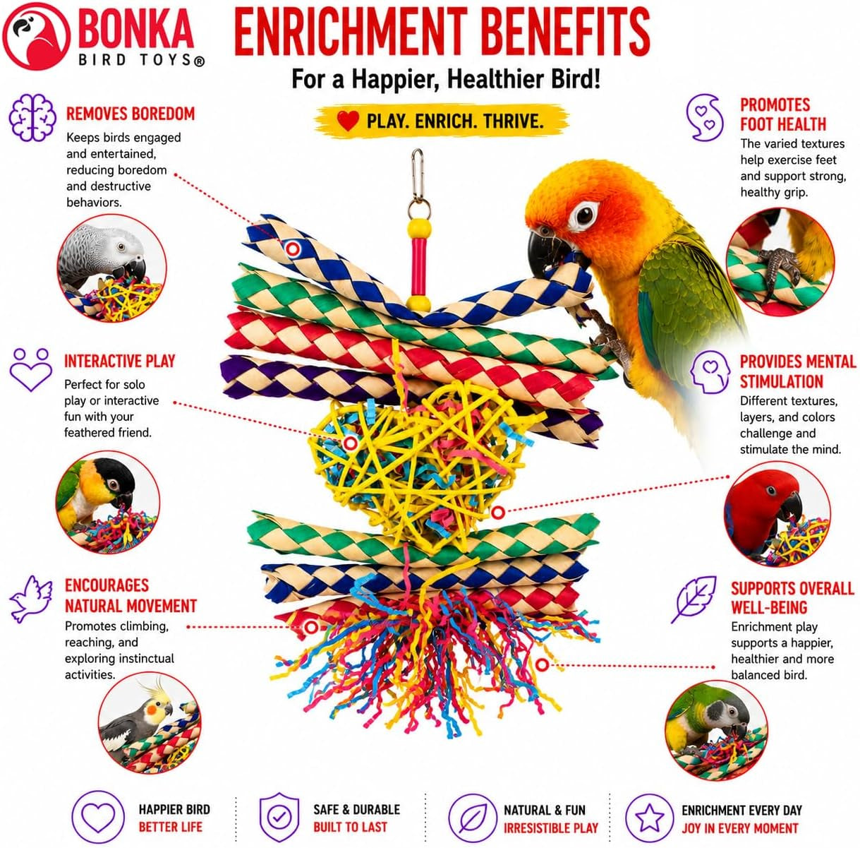 1730 Foraging Valentine Heart Bird Toy for Medium Birds Shredding and Chewing Cage Toy Colorful Palm Leaf and Paper Foraging Toy 9" X 6"