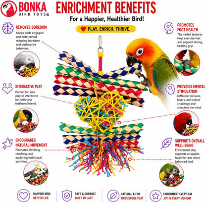 1730 Foraging Valentine Heart Bird Toy for Medium Birds Shredding and Chewing Cage Toy Colorful Palm Leaf and Paper Foraging Toy 9" X 6"