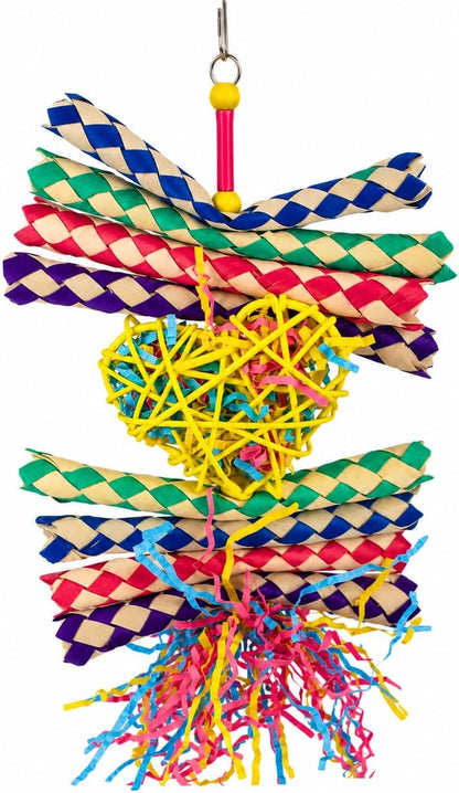 1730 Foraging Valentine Heart Bird Toy for Medium Birds Shredding and Chewing Cage Toy Colorful Palm Leaf and Paper Foraging Toy 9" X 6"