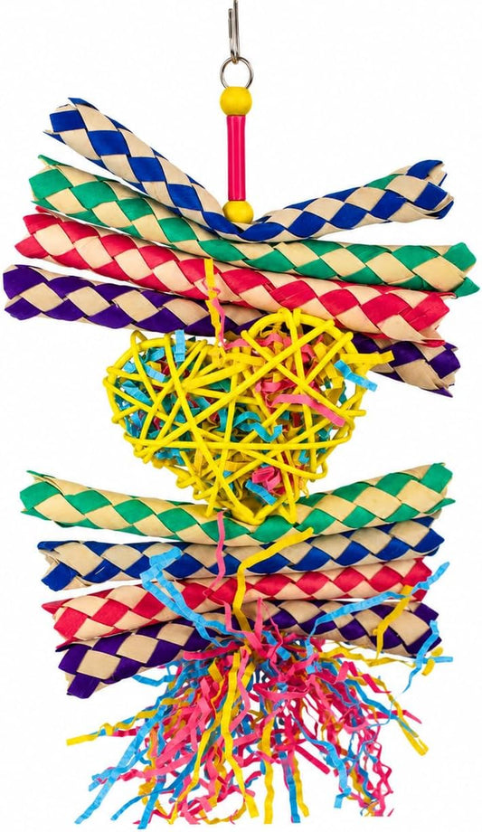 1730 Foraging Valentine Heart Bird Toy for Medium Birds Shredding and Chewing Cage Toy Colorful Palm Leaf and Paper Foraging Toy 9" X 6"