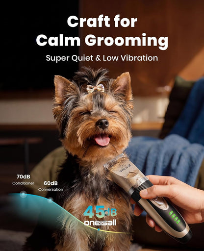 Dog Clippers Low Noise, 2-Speed Quiet Dog Grooming Kit Rechargeable Cordless Pet Hair Clipper Trimmer Shaver for Small and Large Dogs Cats Animals (Gold)