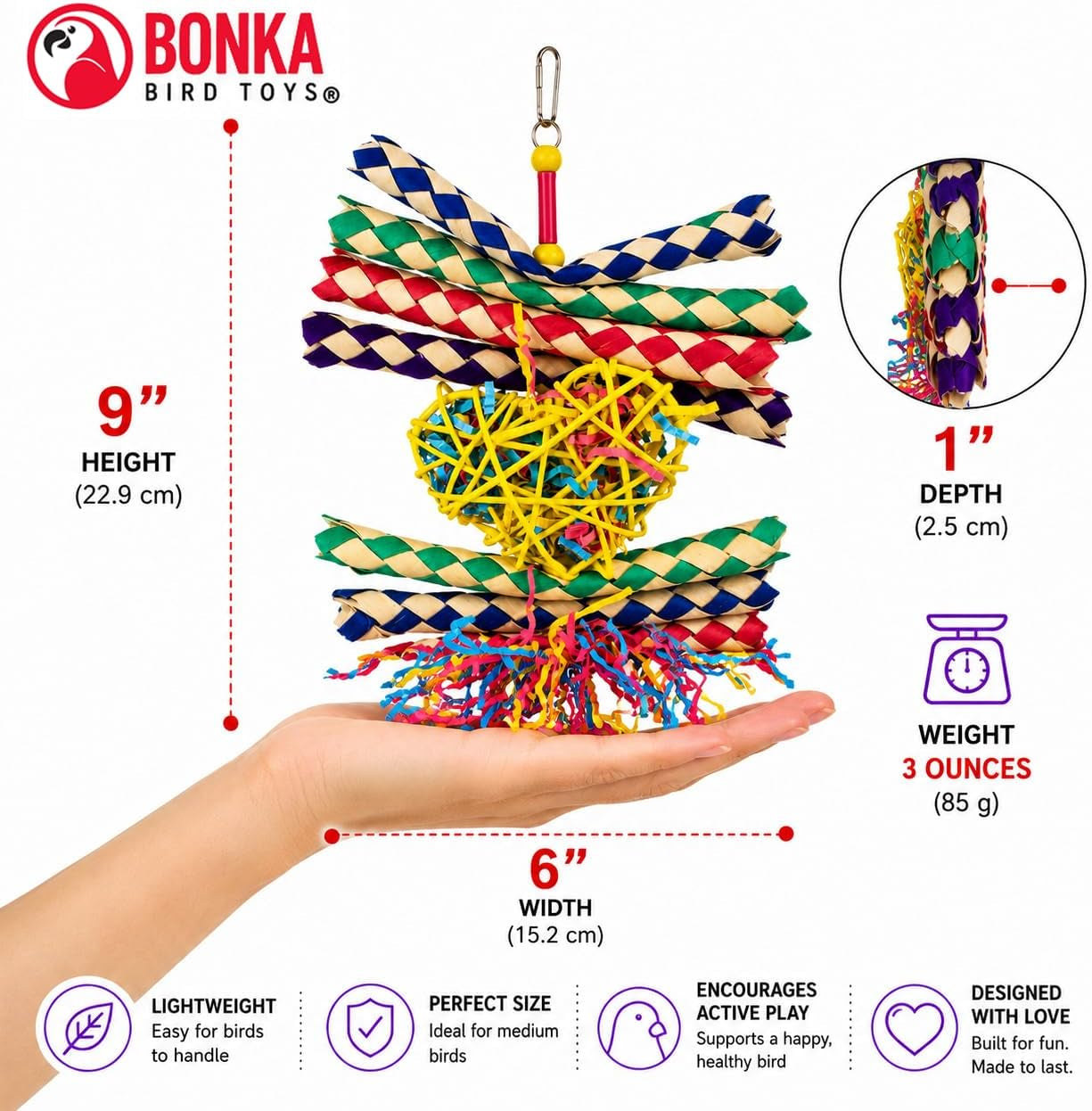 1730 Foraging Valentine Heart Bird Toy for Medium Birds Shredding and Chewing Cage Toy Colorful Palm Leaf and Paper Foraging Toy 9" X 6"