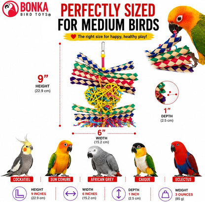 1730 Foraging Valentine Heart Bird Toy for Medium Birds Shredding and Chewing Cage Toy Colorful Palm Leaf and Paper Foraging Toy 9" X 6"